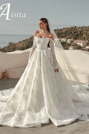 Customized Lace Wedding Dress Long Sleeve Boat Neck Off Shoulder White Bespoke Vestido Abiti Da Sposa Noiva Vestido de novia