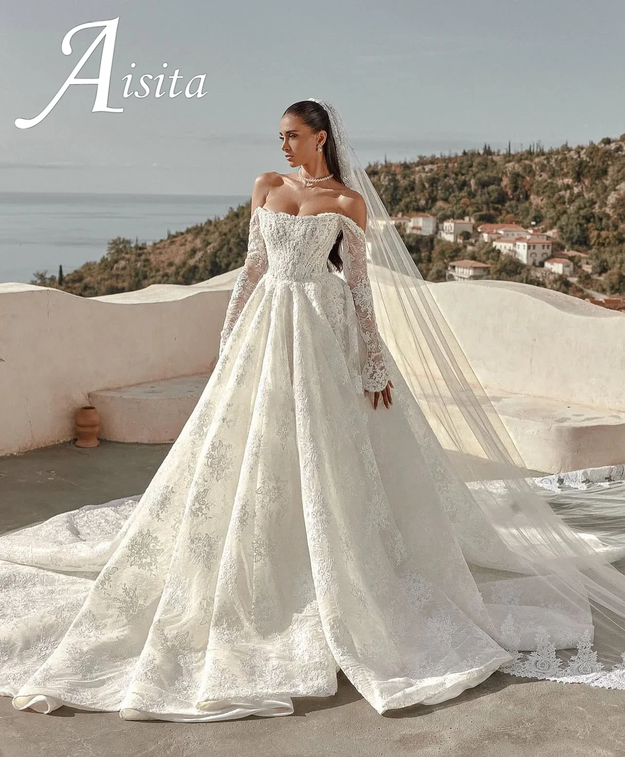 Customized Lace Wedding Dress Long Sleeve Boat Neck Off Shoulder White Bespoke Vestido Abiti Da Sposa Noiva Vestido de novia