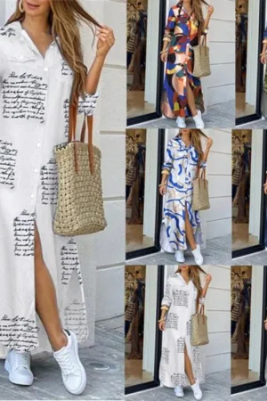 Women Long Sleeve Shirt Dress Casual Boho Printed Dresses Fashion Summer Single Breasted Button Party Female Maxi Dress Vestidos