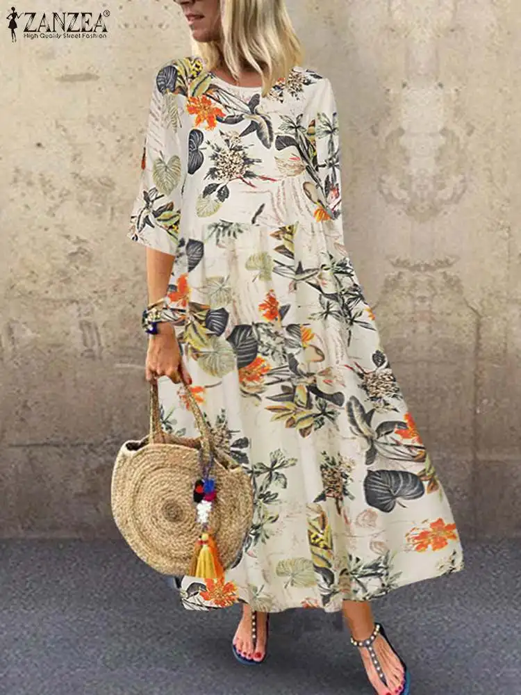 Femme Short Sleeve Sundress ZANZEA Summer Women Floral Printed Dress Bohemian Elegant Casual Oversized Holiday Kaftan Dresses - Image 3