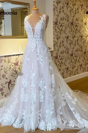 Osquernovia Atttrative Backless Bridal Dress for Women Lace Appliques Pleat V-neck Vestido De Casamento Customised Plus Size