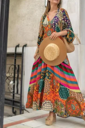 Women Elegant Pleated Long Dress Autumn Flare Sleeve Vimtage Party Dress Elegant Boho Pattern Stitching Fringe Loose Dresses