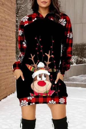 Prints Hoodies Womenes Hip Wrap Long Sleeve Knitted Pullover Sweatshirt Dresses New Merry Christmas Elk Prints Hoodies Dress