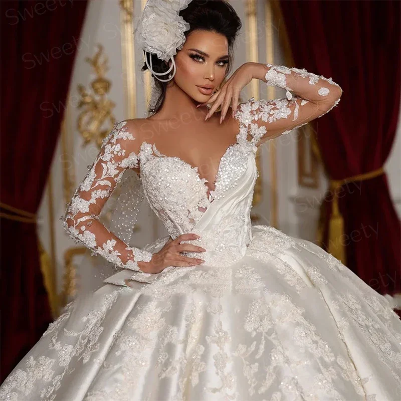 Vintage Wedding Dress Satin With Embroidery Lace Princess Ball Gown O-Neck Full Sleeve Customized Bride Dress Vestido De Novia - Image 3