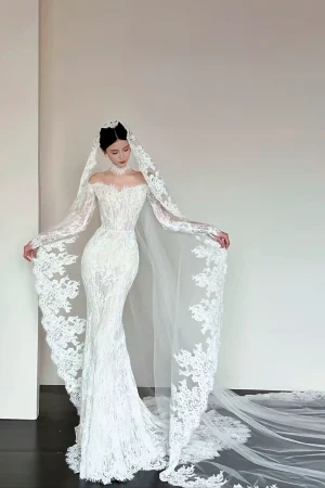 Customized Gorgeous Lace Off The Shoulder Lace Mermaid Wedding Dress Sexy Long Sleeve See Through Vintage Bridal Dresses