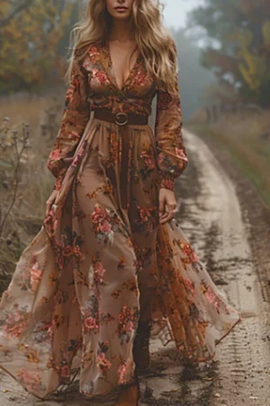 Vintage Pattern Printed High Waist Robe Dress Casual Women V-neck Pleated Bohemian Dress 2024 Autumn Long Sleeved Pleated Dress