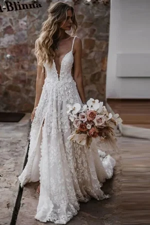 Paloda Stylish Slit Bridal Dress V-neck Backless Spaghetti Straps Court Train Sleeveless Vestidos De Novia Customised