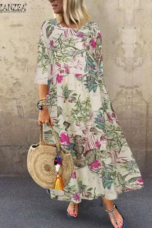 Femme Short Sleeve Sundress ZANZEA Summer Women Floral Printed Dress Bohemian Elegant Casual Oversized Holiday Kaftan Dresses