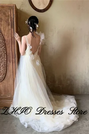 ZHIO Fairy 3D Flowers Tulle Wedding Party Dresses Korea Women Photo shoot Backless Straight Gowns Formal Prom Dress Customized