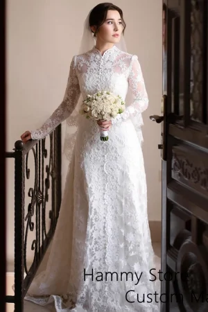 High Neck Saudi Arab Wedding Dress Customized Exquisite Applique Sweep Train A Line Bride Bridal Gown Vestido De Noiva