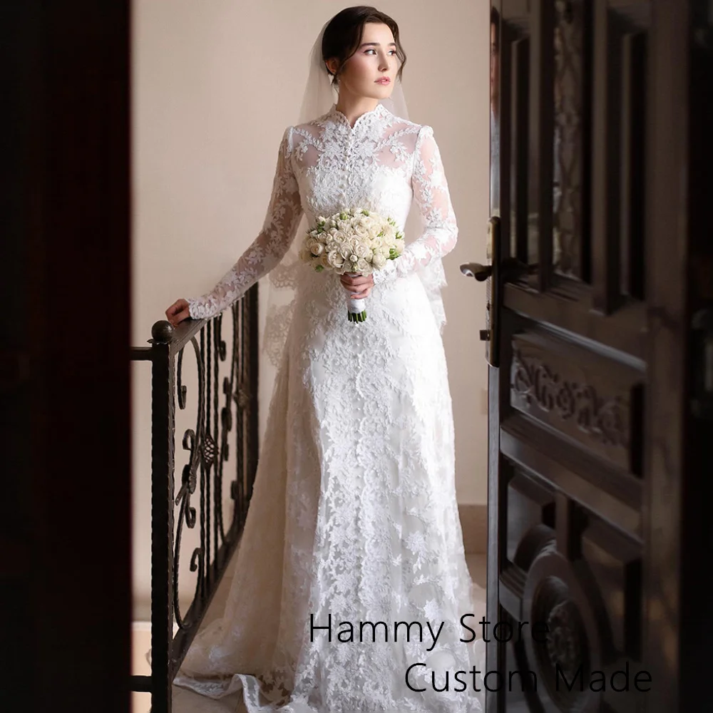 High Neck Saudi Arab Wedding Dress Customized Exquisite Applique Sweep Train A Line Bride Bridal Gown Vestido De Noiva