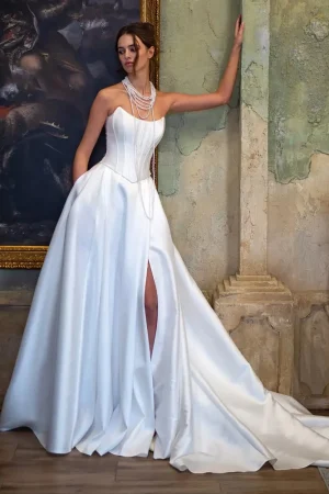 Newest Satin Strapless A-Line Wedding Dresses Backless Corset Evening Dress For Women Plus Bride Gown vestidos de novia