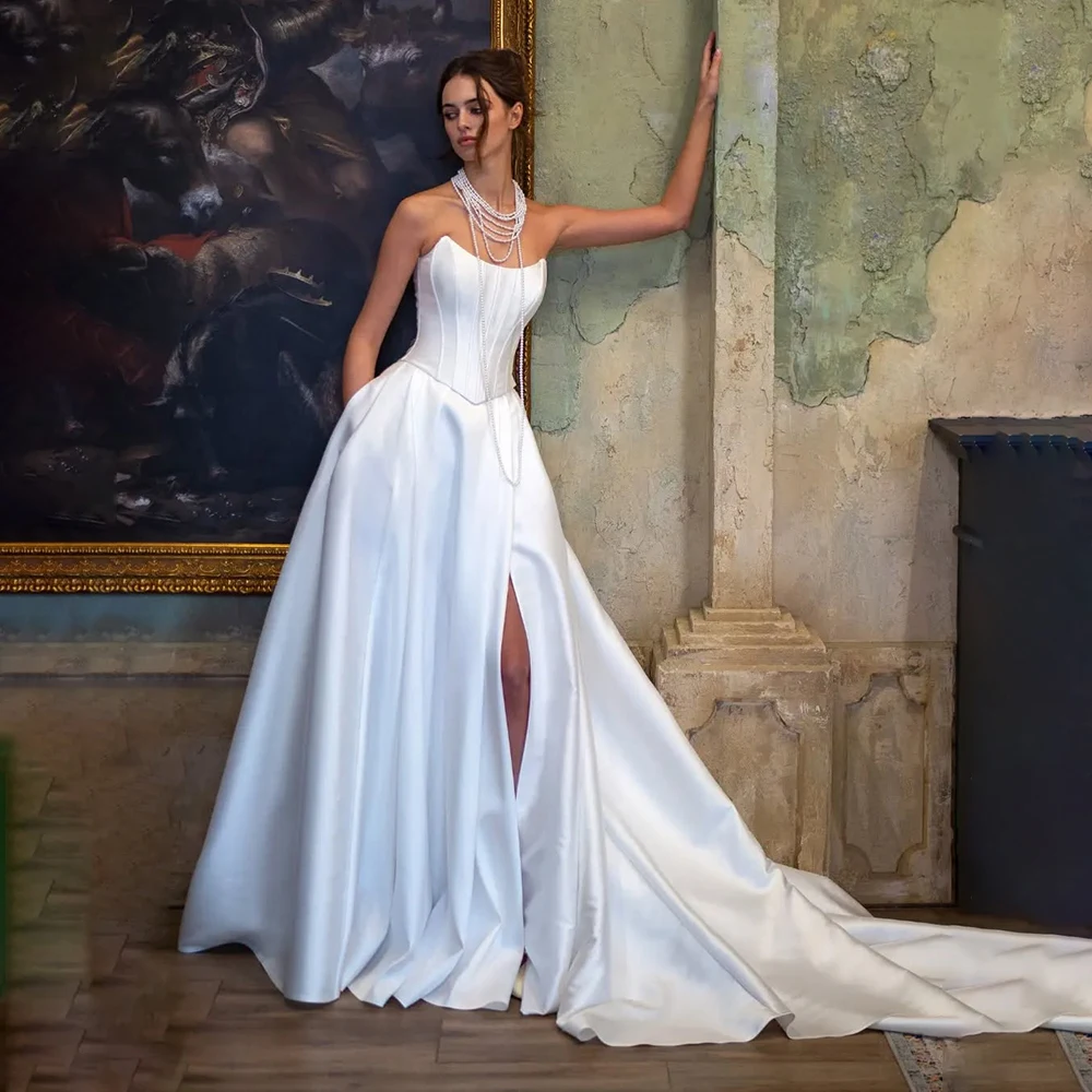 Newest Satin Strapless A-Line Wedding Dresses Backless Corset Evening Dress For Women Plus Bride Gown vestidos de novia