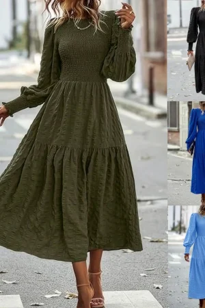 2024 AliExpress Autumn and Winter New Women's Bohemian Round Neck Lantern Sleeve Long Sleeve Long Dress Casual Dress