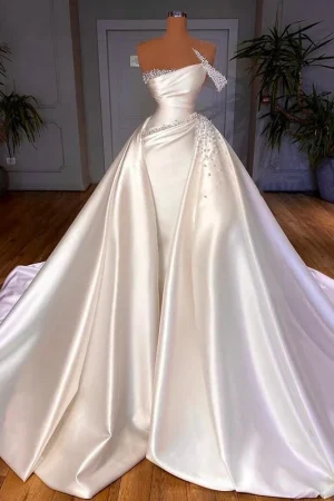 Elegant One Shoulder Satin Mermaid Wedding Dress Detachable Train 3-in-1 Pearl Princess Bridal Dress Customized 2025