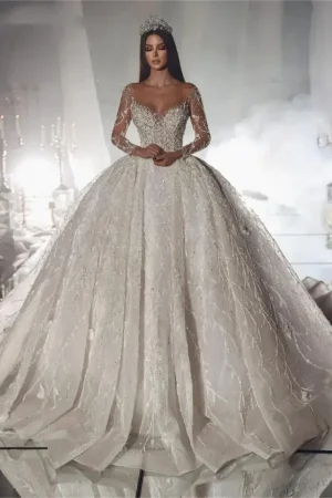 Customized Luxury Wedding Dresses Long sleeves Beaded Ball Gown Glitter Beading Floor Length Bridal Gown Vestidos De Novia