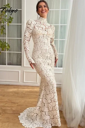 Tokyo Customized White Mermaid Wedding Dresses Elegant High Necklink Long Sleeves Bridal Gowns 2025 Court Train Wedding Gowns