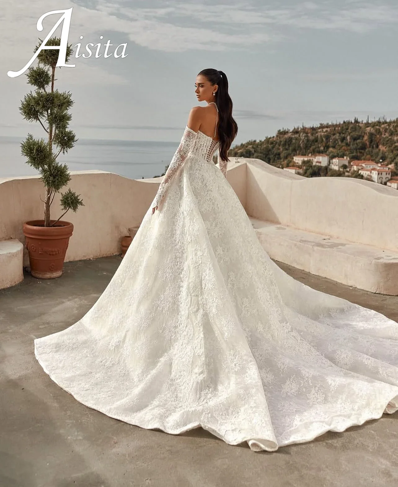 Customized Lace Wedding Dress Long Sleeve Boat Neck Off Shoulder White Bespoke Vestido Abiti Da Sposa Noiva Vestido de novia - Image 2