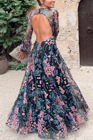 Elegant Floral Print Bohemian Long Dress Women Casual Long Sleeve Slim Pleated Evening Dress Sexy O Neck Backless Party Dresses