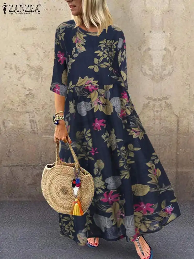 Femme Short Sleeve Sundress ZANZEA Summer Women Floral Printed Dress Bohemian Elegant Casual Oversized Holiday Kaftan Dresses - Image 2