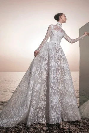 CustomziedNovia De Larga Con Cuello Alto Vestido Para Boda Por La Iglesia Encaje Vintage Ball Gown Desmontable Vestidos De Novia