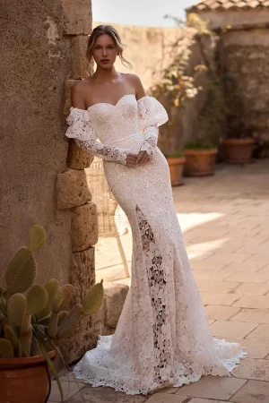 Classic Sweetheart Wedding Dresses for Women Bride Lace Mermaid Court Train 3/4 Puff Sleeves Bridal Gown Vestido De Casamento