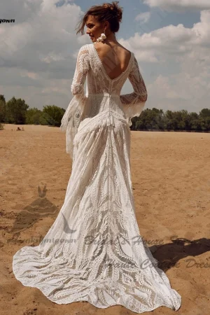 Lakshmigown Civil Bridal Boho Long Sleeve Lace Mermaid Wedding Gowns V Neck Sexy Women Beach Wedding Dresses 2024 Customized