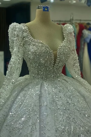 Customized Luxury Lace Beaded Crystals Wedding Dresses Long Sleeve Muslim Bridal Dresses Robes Ball Gown Vestidos de novia