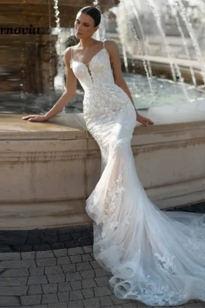 Osquernovia Charming Wedding Dresses for Mariages Appliques Button Spaghetti Straps Mermaid Tulle Suknia Slubna Customized