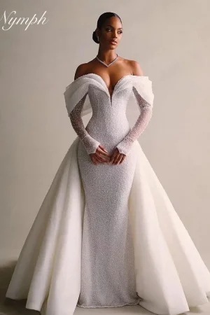 Luxury Detachable 2 In 1Train Wedding Dress Lace Sequins V Neck customiz Full Sleeve Vintage Bride Gown Mermaid Vestido De Novia