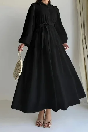 Long Sleeves Women's Bohemian Elegant Dresses Cherry Print Or Black with Sashes Lantern Sleeves Turn Down Collar Women dresses