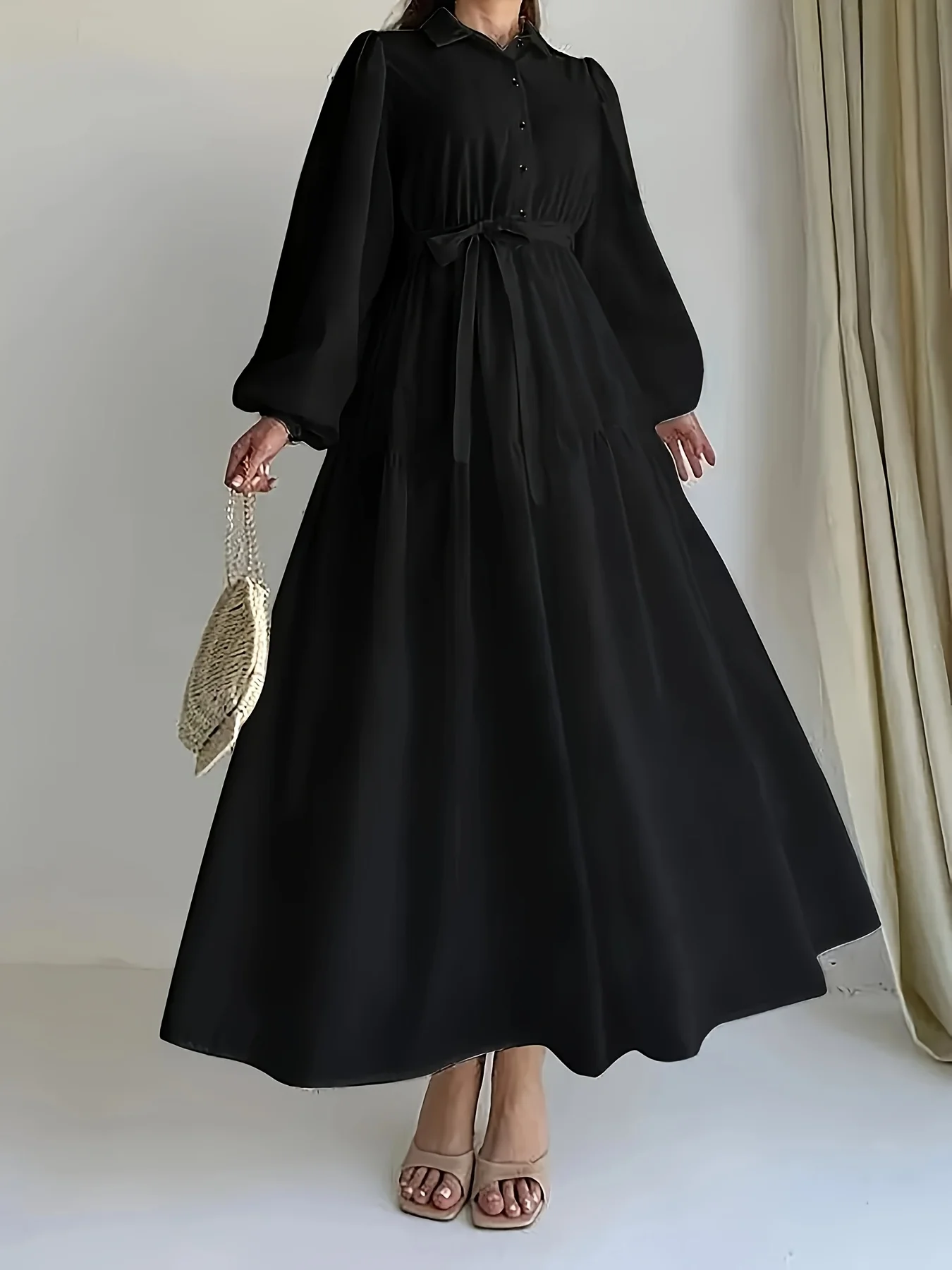 Long Sleeves Women's Bohemian Elegant Dresses Cherry Print Or Black with Sashes Lantern Sleeves Turn Down Collar Women dresses