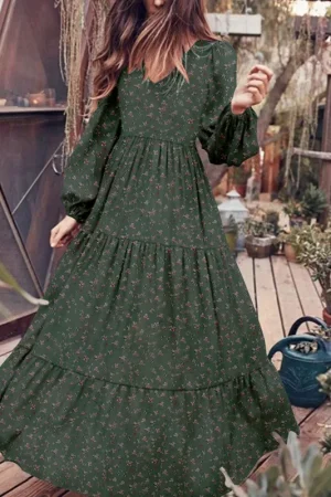 Casual boho Floral Print Long Dress For Women Elegant Party Maxi Dresses Spring Autumn Full Sleeve Ruffle Vintage Dress Female