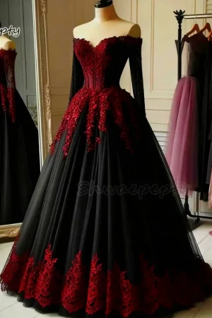 Gothic Black And Red Wedding Dress Lace Appliques Floor Length A-Line Off Shoulder Long Sleeves Vintage Bridal Gowns Customized