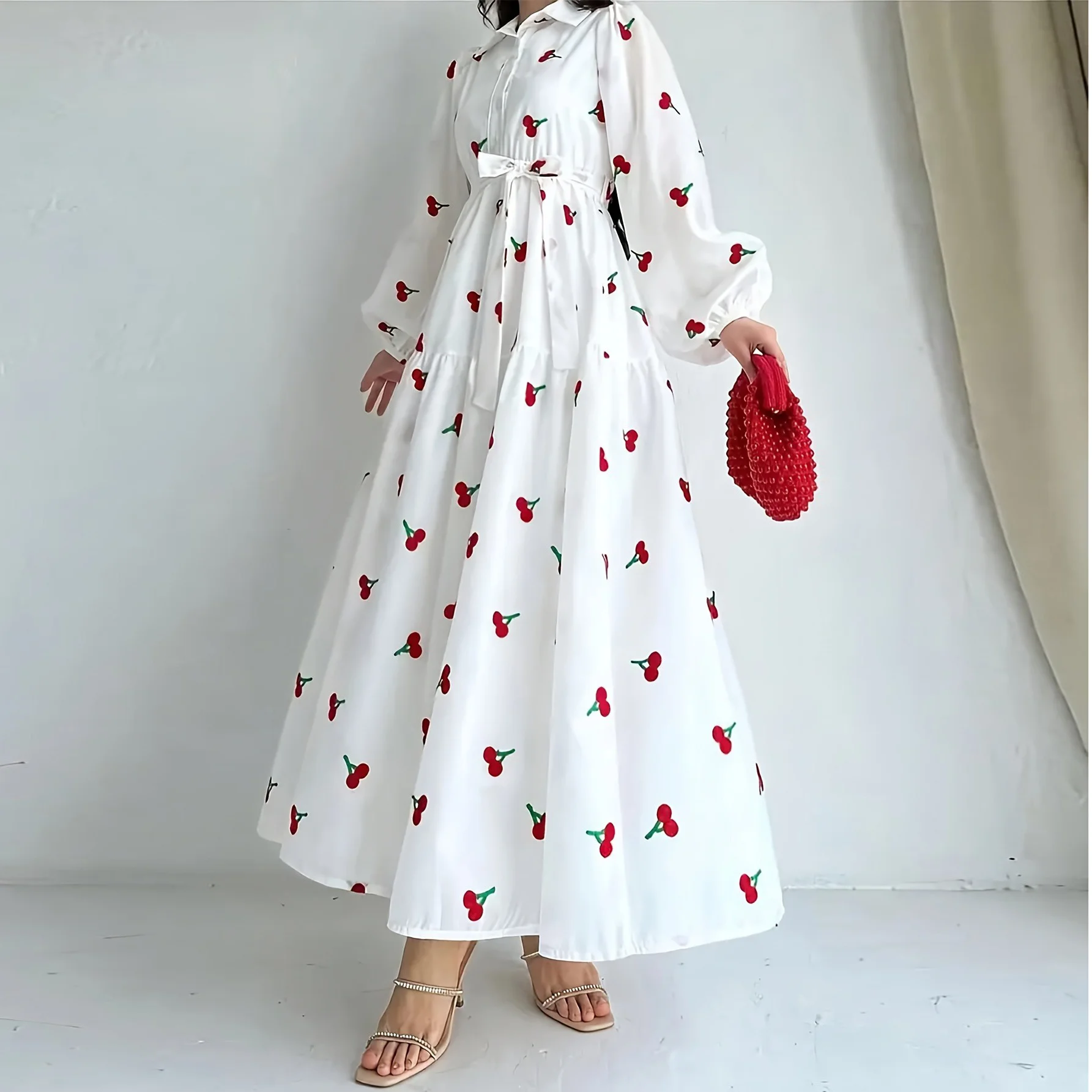 Long Sleeves Women's Bohemian Elegant Dresses Cherry Print Or Black with Sashes Lantern Sleeves Turn Down Collar Women dresses - Image 2