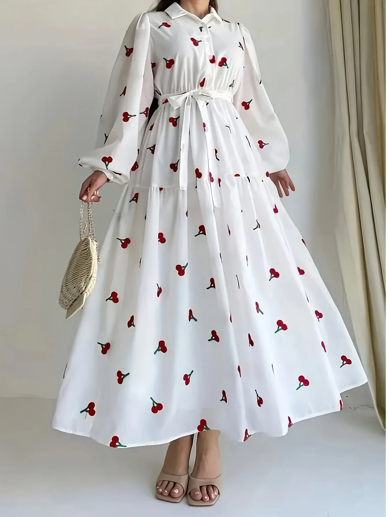 Long Sleeves Women's Bohemian Elegant Dresses Cherry Print Or Black with Sashes Lantern Sleeves Turn Down Collar Women dresses - Image 3