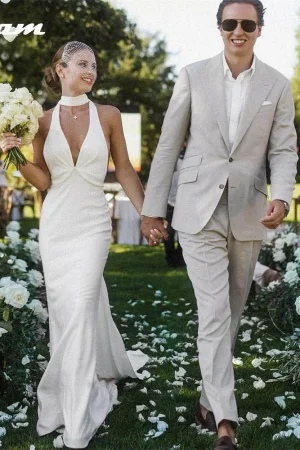 DREAM Customized Simple V-Neck Halter Mermaid Crepe Wedding Dress For Women Boheimian Backless Sweep Train Bridal Gown 2025