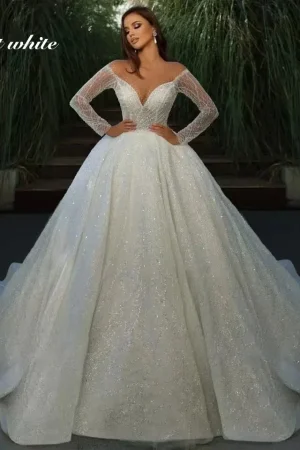 Beading Bling Embroidery Lace Ball Gown Wedding Dress Vestido De Novia Illusion Neck Customized Long Sleeve Bridal Skirts
