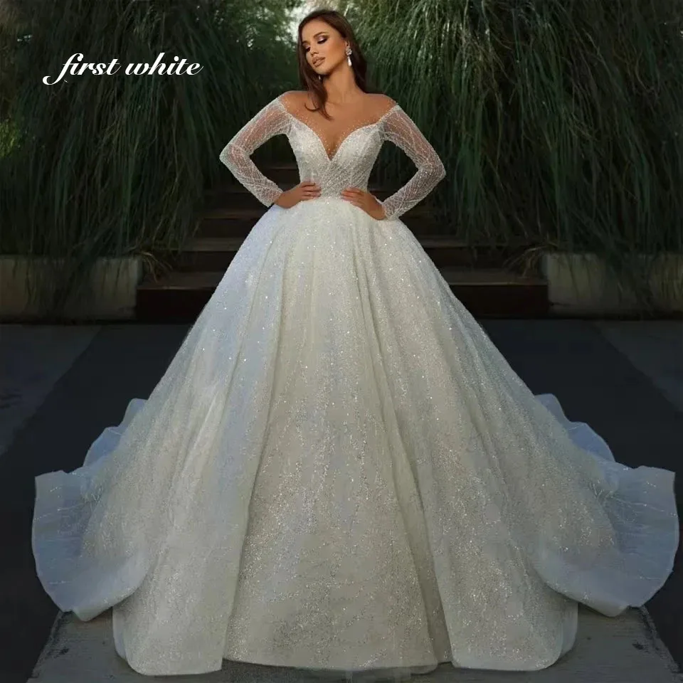Beading Bling Embroidery Lace Ball Gown Wedding Dress Vestido De Novia Illusion Neck Customized Long Sleeve Bridal Skirts