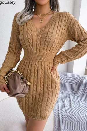 VigoCasey 2025 V Neck Casual Short Knit Dress Autumn Winter Women Solid Long Sleeve Dress Lady Khaki Bodycon Knitted Dresses