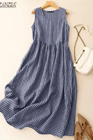 ZANZEA Summer Plaid Checked Sundress Bohemain Holiday Dresses Women Elegant O Neck Sleeveless Dress Casual Baggy Work Vestidos