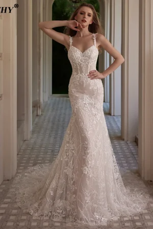 BEPEITHY Customized Luxury Beading Mermaid Wedding Dresses 2025 V Neck Sleeveless Lace Trumpet Ivory Bride Champagne Bridal Gwon