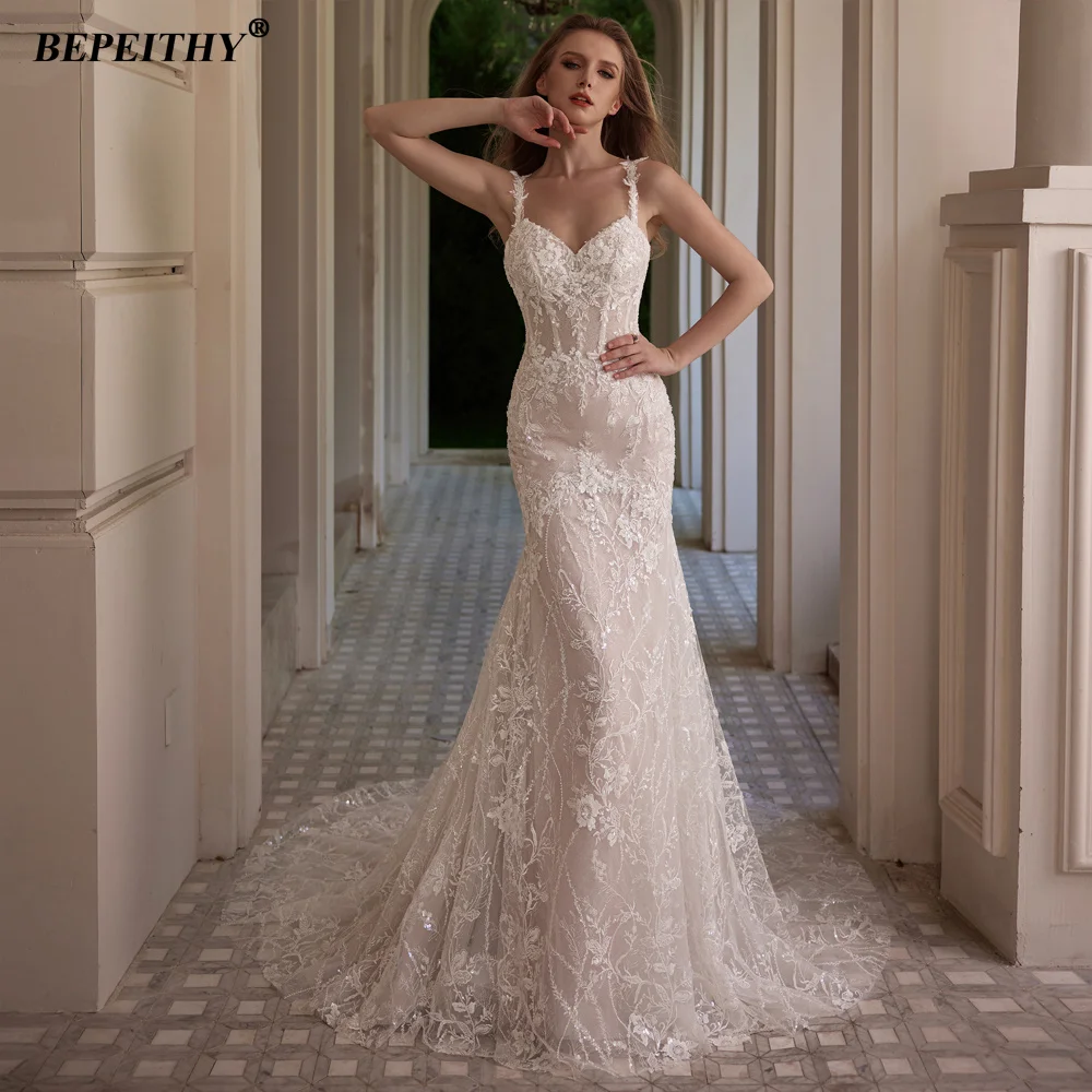BEPEITHY Customized Luxury Beading Mermaid Wedding Dresses 2025 V Neck Sleeveless Lace Trumpet Ivory Bride Champagne Bridal Gwon