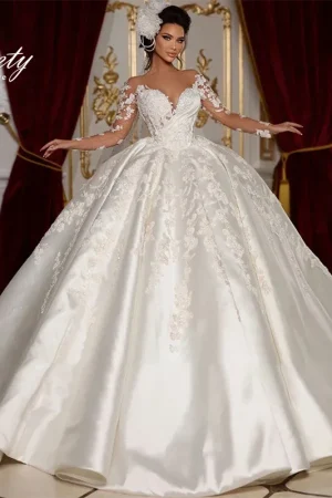 Vintage Wedding Dress Satin With Embroidery Lace Princess Ball Gown O-Neck Full Sleeve Customized Bride Dress Vestido De Novia
